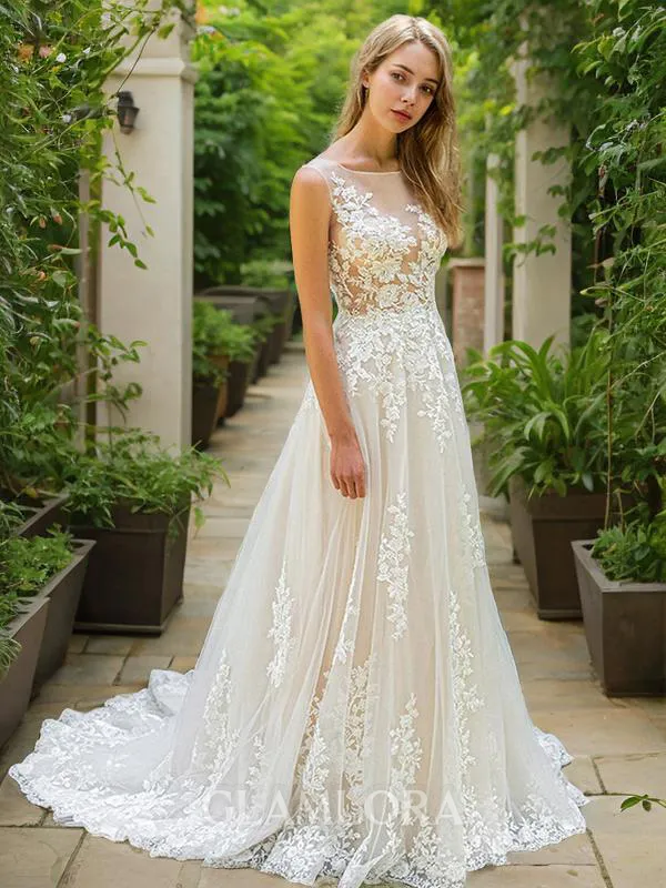 A-line Scoop Sleeveless Sweep Train Elegant Lace Wedding Dress