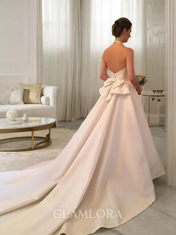 A-line Chic Halter Sleeveless Court Train Satin Wedding Dress