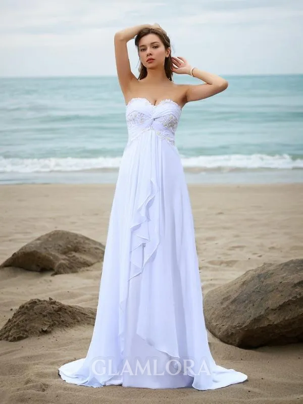 A-line Sweetheart Charming Sleeveless Sweep Train Chiffon Wedding Dress With Beading
