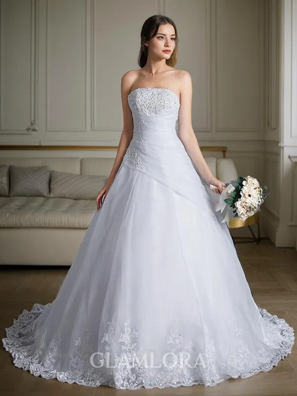 Ball-Gown Strapless Sleeveless Court Train Graceful Organza Wedding Dress