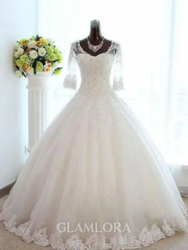 Romantic Ball-Gown Princess Bateau 3/4 Sleeves Floor-Length Tulle Wedding Dress With Beading