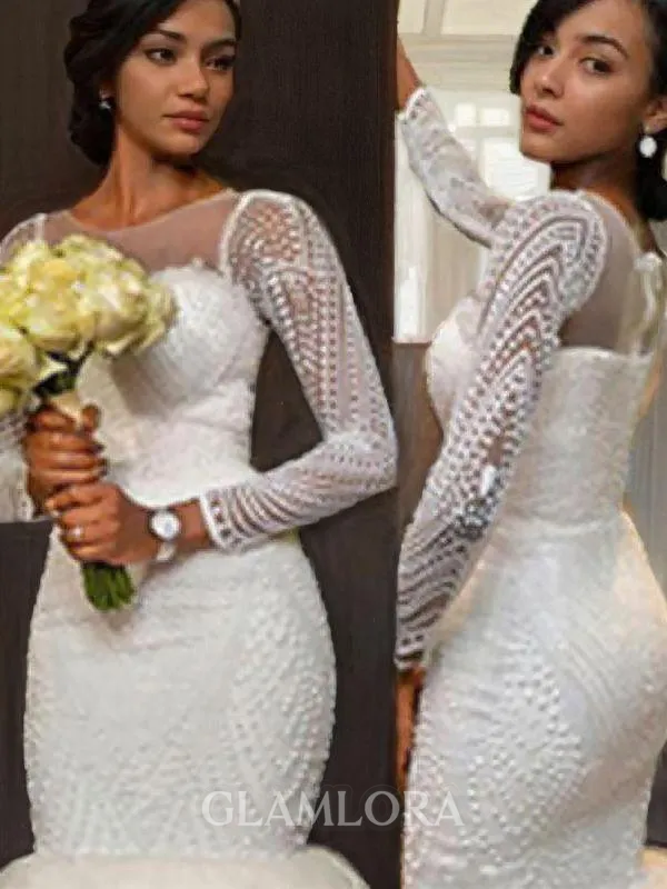 Trumpet/Mermaid Exquisite Scoop Long Sleeves Sweep Train Tulle Wedding Dress With Beading