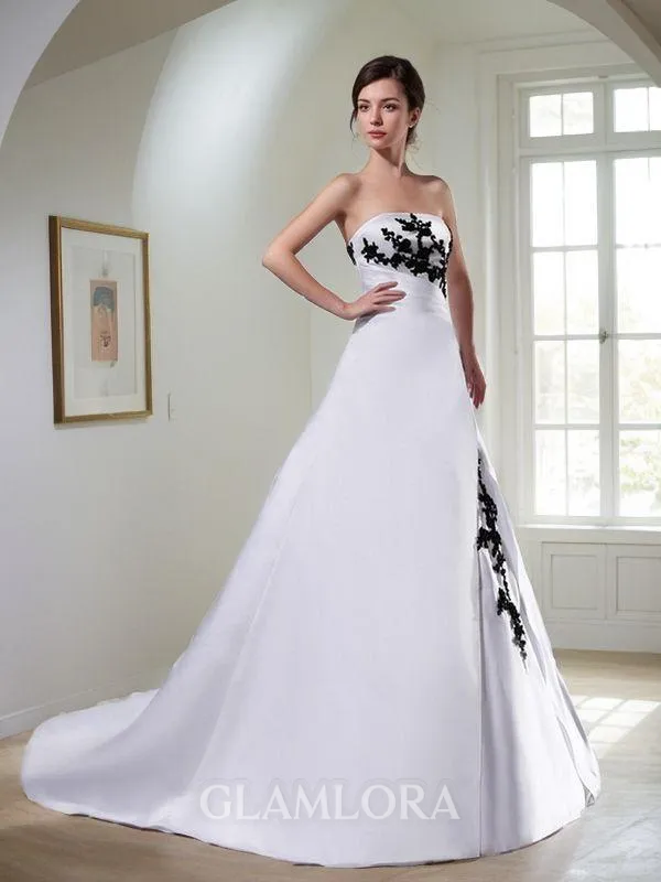 A-line Strapless Dreamy Sleeveless Chapel Train Satin Wedding Dress With Beading