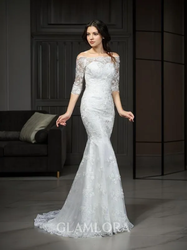 Sheath/Column Off-the-Shoulder 1/2 Sleeves Sweep Train Dreamy Lace Wedding Dress