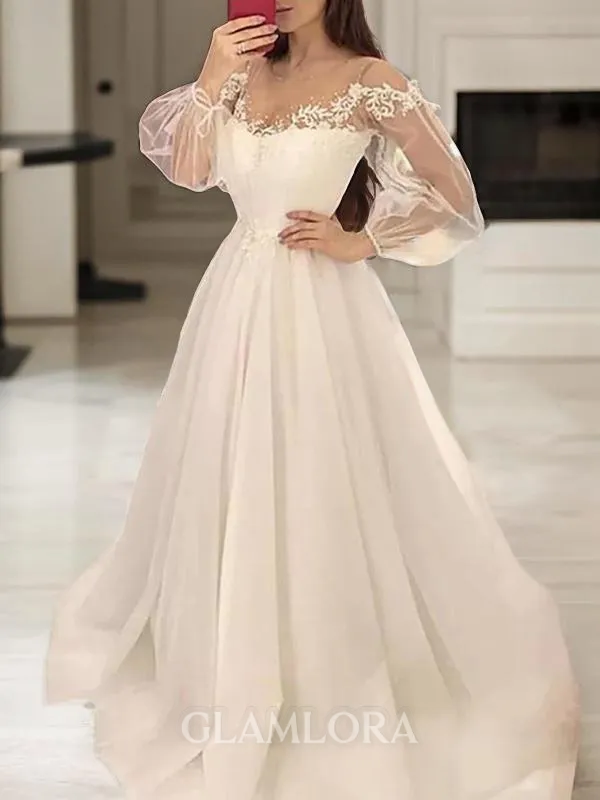 A-line Princess Scoop Long Sleeves Sweep Train Perfect Tulle Wedding Dress