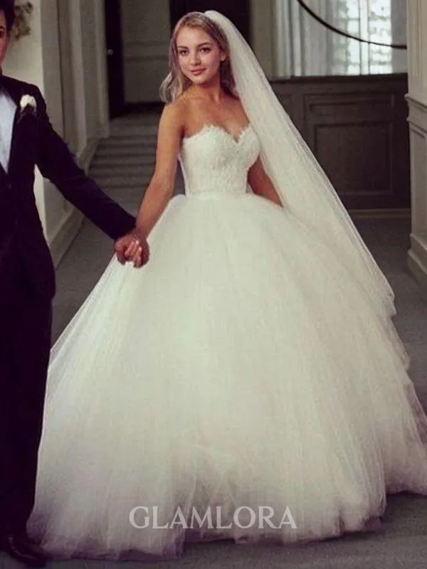Glamorous Ball-Gown Princess Sweetheart Sleeveless Sweep Train Tulle Wedding Dress With Applique