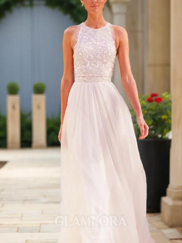 A-line Trendy Jewel Sleeveless Floor-Length Chiffon Wedding Dress With Beading