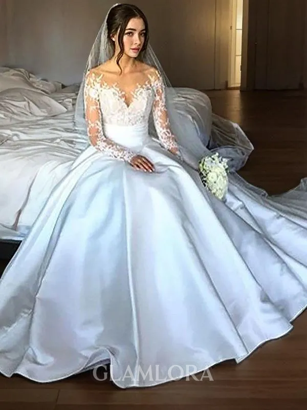 Ball-Gown Off-the-Shoulder Exquisite Long Sleeves Court Train Satin Wedding Dress