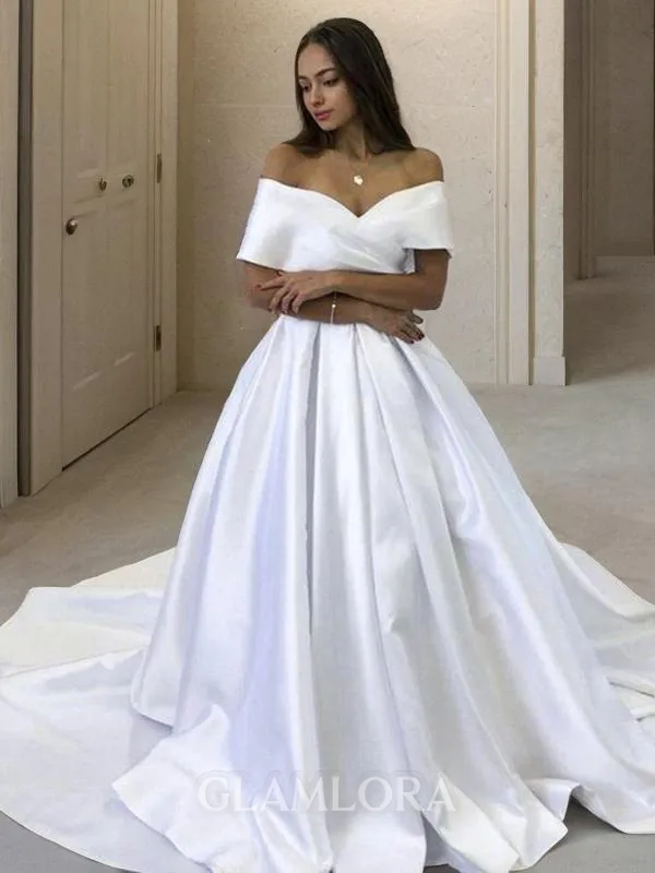 A-line Off-the-Shoulder Sleeveless Sweep Train Fashion Satin Wedding Dress