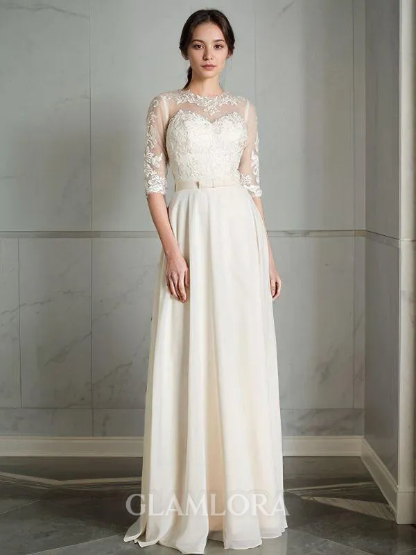 A-line Glam Scoop 1/2 Sleeves Floor-Length Chiffon Wedding Dress