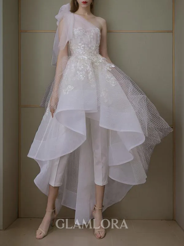 A-line Princess One-Shoulder Sleeveless Exquisite Asymmetrical Tulle Wedding Dress