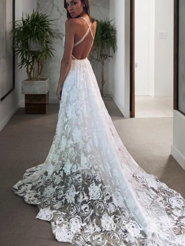 A-line V-Neck Sleeveless Court Train Dazzling Lace Wedding Dress
