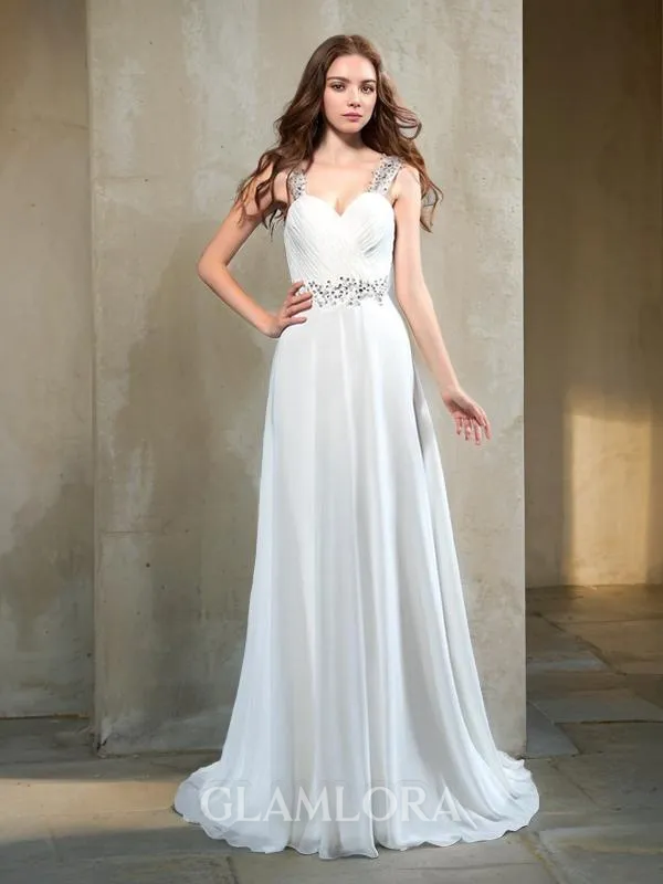 A-line Sweetheart Sleeveless Sweep Train Classy Chiffon Wedding Dress With Pleats