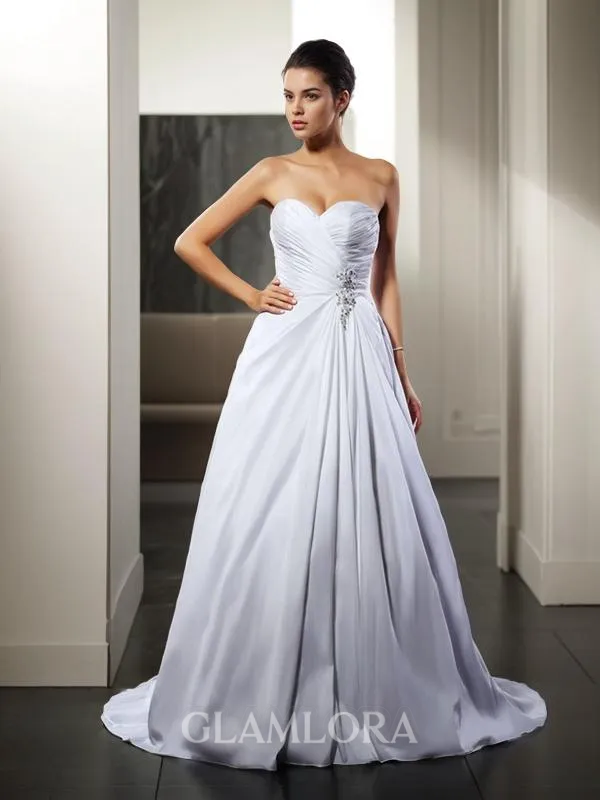A-line Graceful Sweetheart Sleeveless Court Train Taffeta Wedding Dress With Ruffles