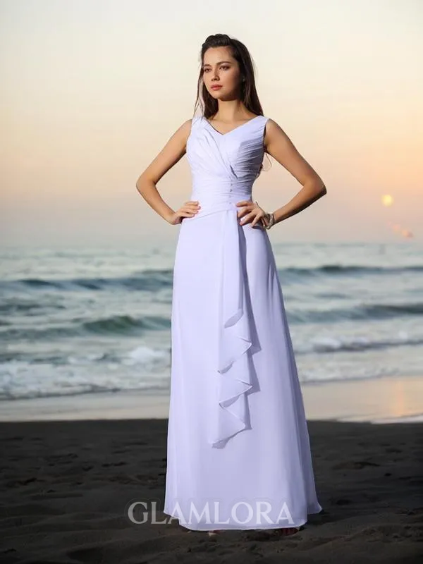 A-line Chic V-Neck Sleeveless Floor-Length Chiffon Wedding Dress With Beading