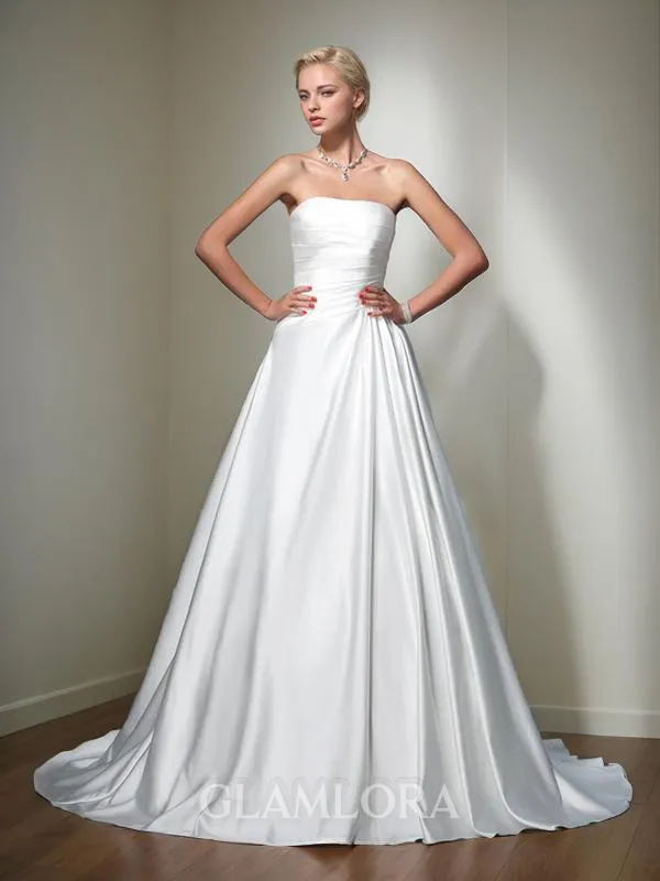 Cinderella Ball-Gown Strapless Sleeveless Chapel Train Satin Wedding Dress With Ruched