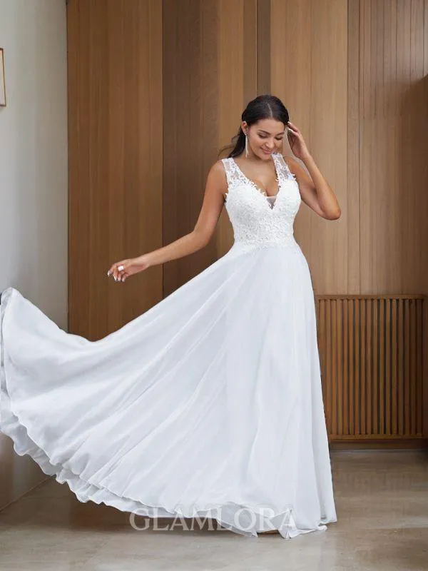 A-line V-Neck Sleeveless Pretty Floor-Length Chiffon Wedding Dresses