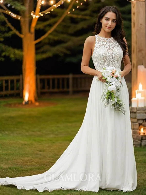 A-line Scoop Subtle Sleeveless Sweep Train Chiffon Wedding Dresses