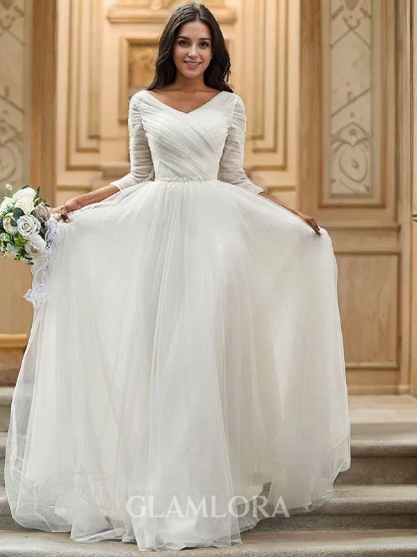 A-line Sweetheart Perfect 3/4 Sleeves Sweep Train Tulle Wedding Dresses