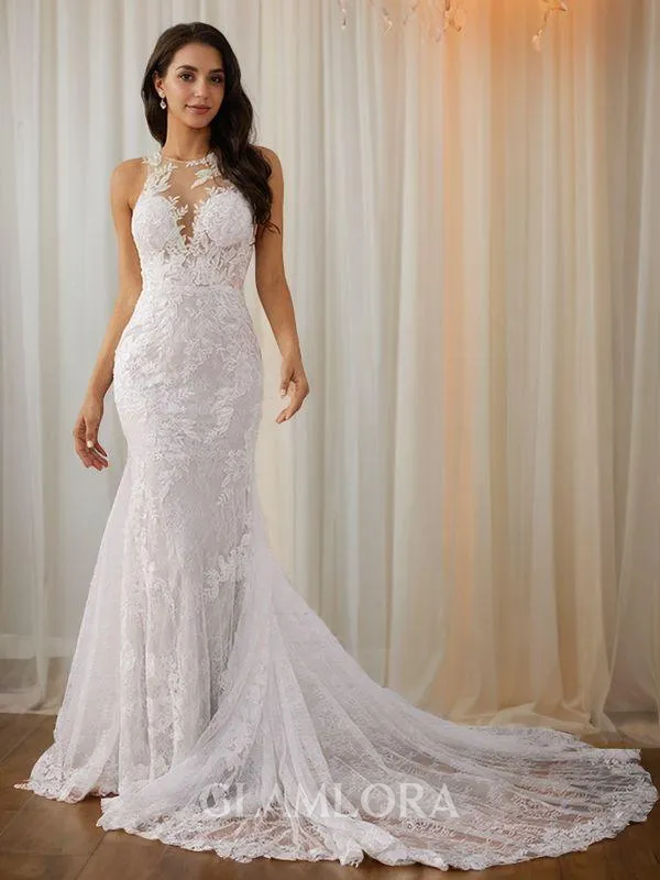 Sheath/Column Scoop Exquisite Sleeveless Court Train Lace Wedding Dresses