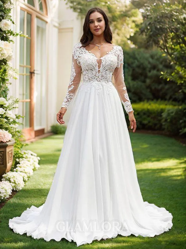 A-line V-Neck Long Sleeves Sweep Train Timeless Chiffon Wedding Dresses