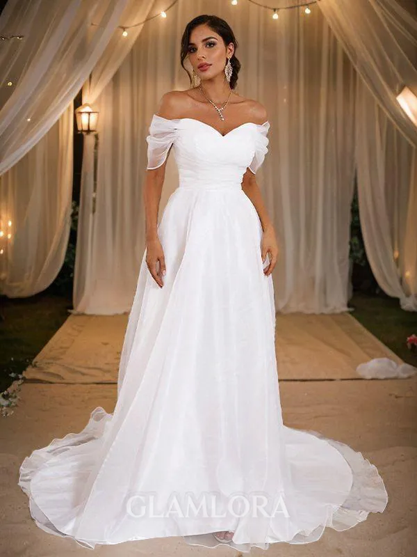 A-line Flowing Off-the-Shoulder Sleeveless Sweep Train Organza Wedding Dresses