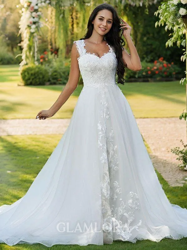 A-line Sweetheart Sleeveless Sweep Train Lace Sophisticated Wedding Dresses