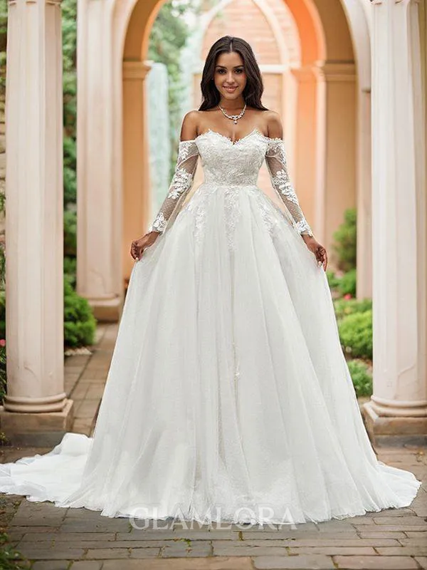 A-line Dreamy Off-the-Shoulder Long Sleeves Sweep Train Tulle Wedding Dresses