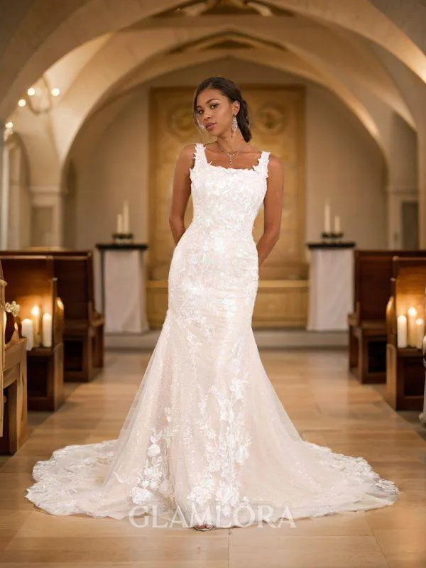 Sheath/Column Straps Sleeveless Sweep Train Understated Lace Wedding Dresses