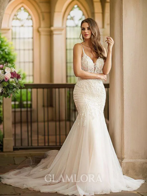 Trumpet/Mermaid V-Neck Dramatic Sleeveless Cathedral Train Tulle Wedding Dresses
