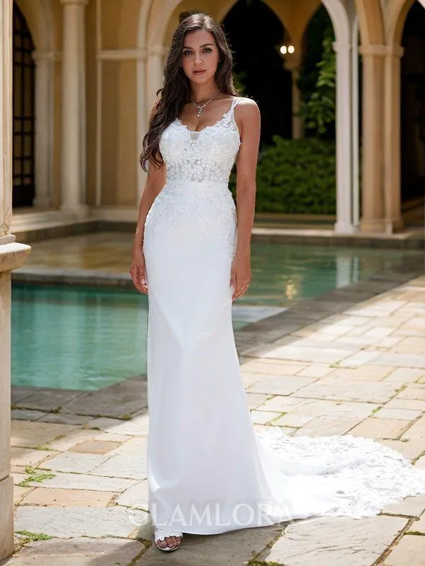 Sheath/Column V-Neck Sleeveless Sweep Train Stretch Crepe Seductive Wedding Dresses
