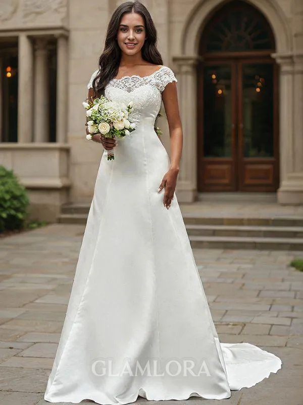 A-line Scoop Sleeveless Trendy Chapel Train Satin Wedding Dresses