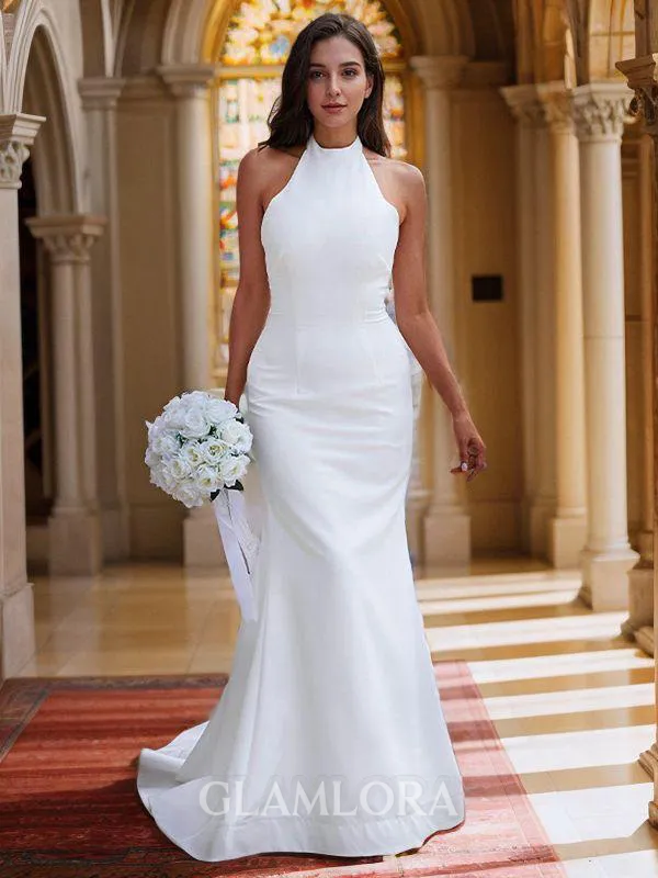 Sheath/Column Halter Flattering Sleeveless Sweep Train Stretch Crepe Wedding Dresses
