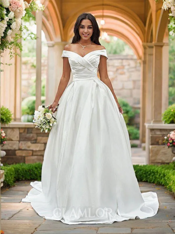 A-line Off-the-Shoulder Sleeveless Court Train Fashion Satin Wedding Dresses