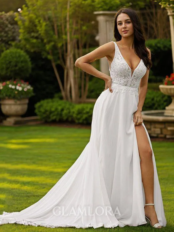 A-line V-Neck Feminine Sleeveless Sweep Train Chiffon Wedding Dresses