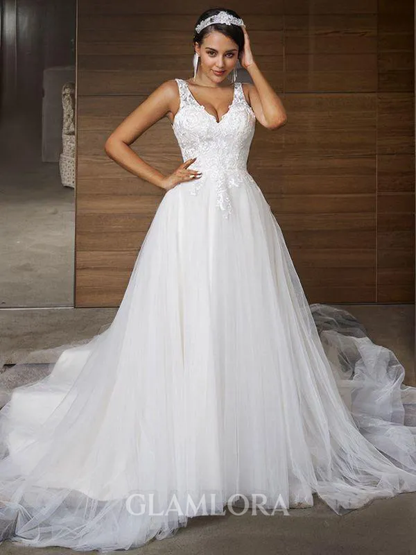 A-line V-Neck Sleeveless Chapel Train Tulle Timeless Wedding Dresses