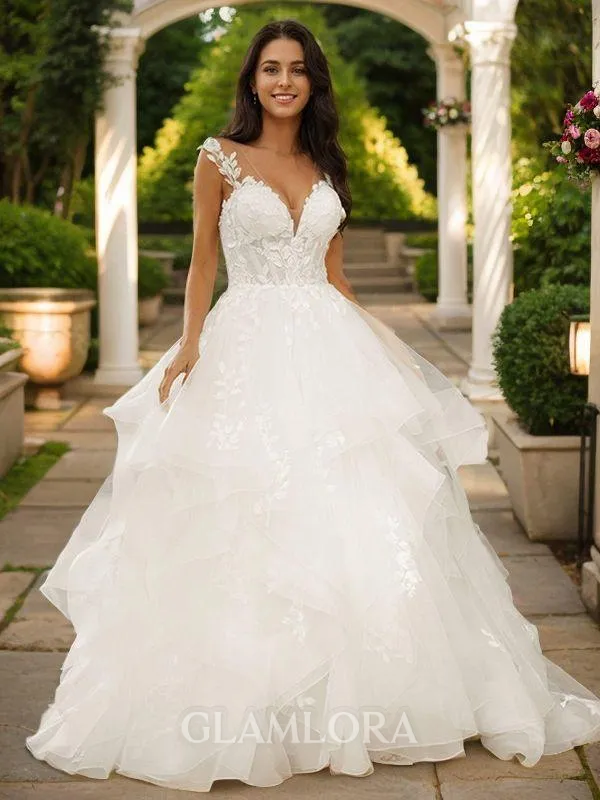Ball Gown V-Neck Glam Sleeveless Chapel Train Tulle Wedding Dresses
