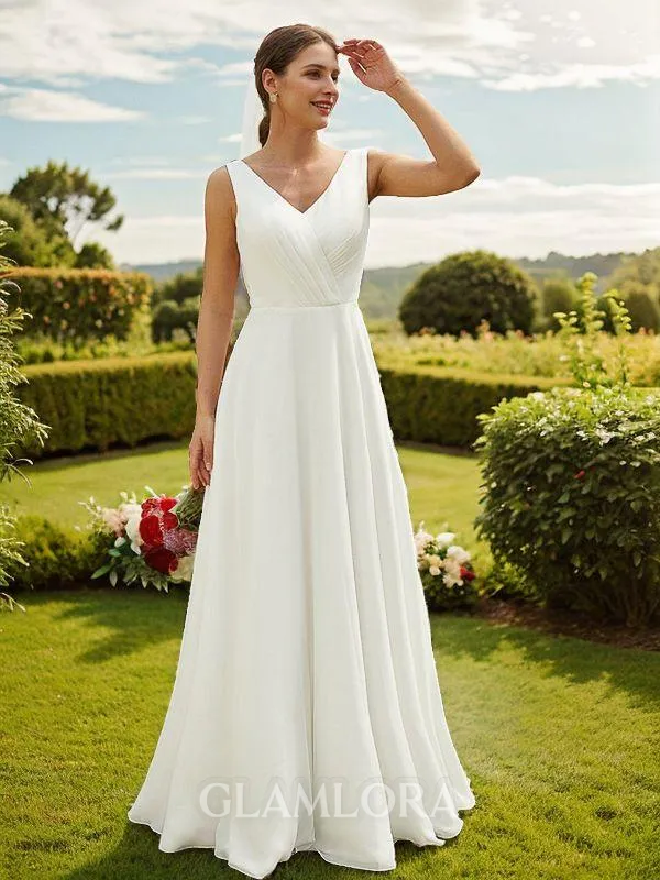 A-line V-Neck Graceful Sleeveless Floor-Length Chiffon Wedding Dresses