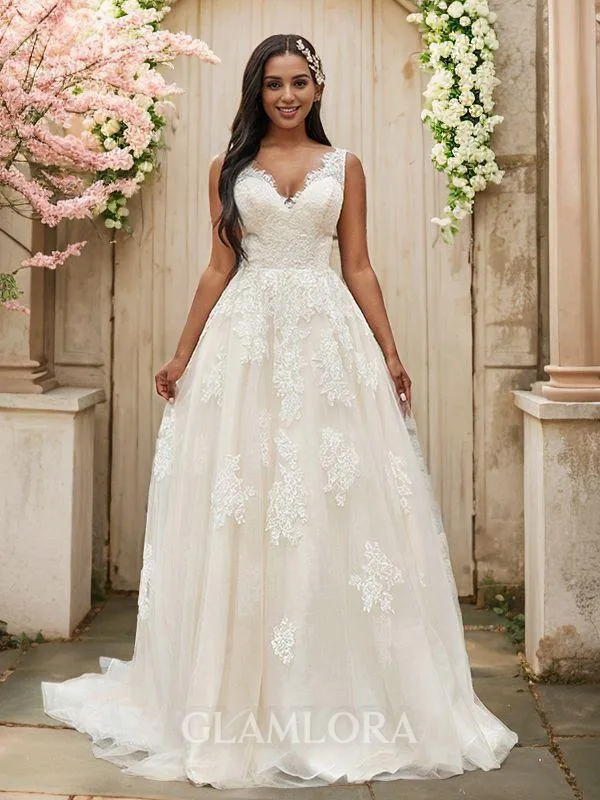 A-line V-Neck Sleeveless Sweep Train Tulle Unique Wedding Dresses