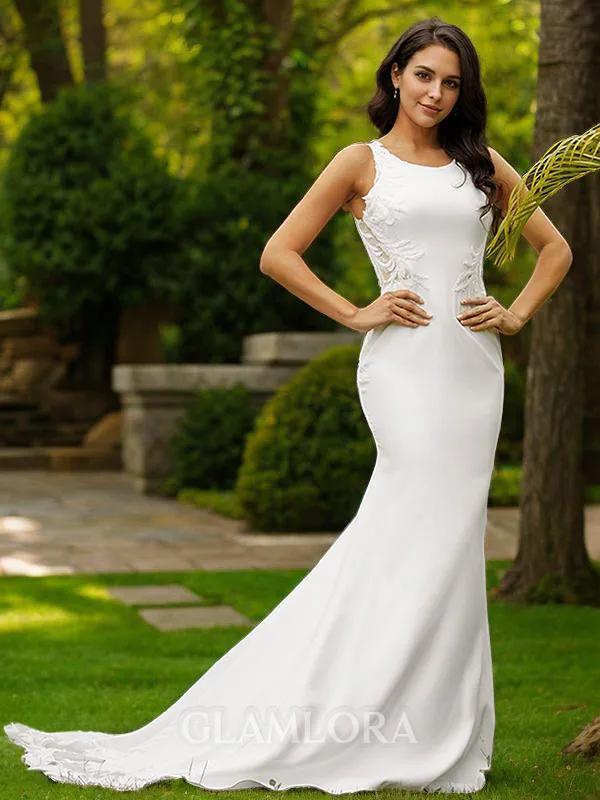 Sheath/Column Scoop Body-revealing Sleeveless Sweep Train Stretch Crepe Wedding Dresses