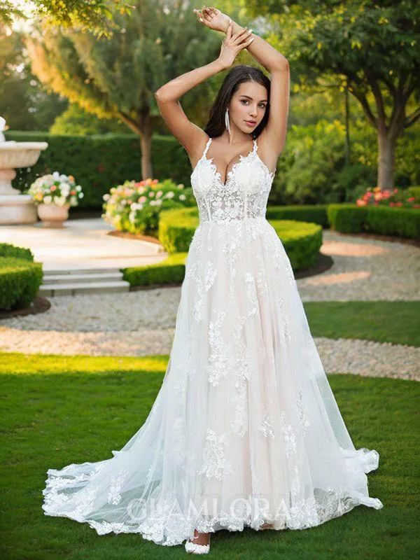 A-line V-Neck Sleeveless Sweep Train Elegant Lace Wedding Dresses