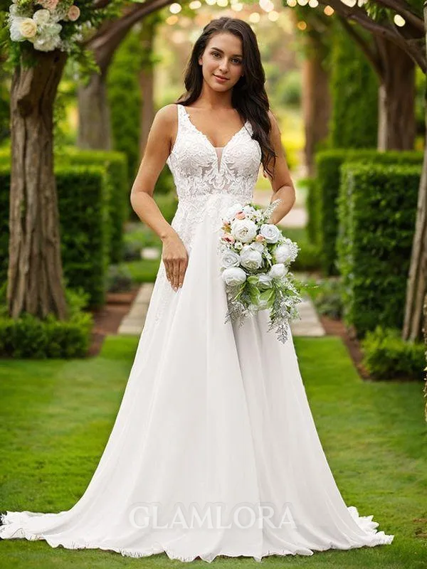 A-line V-Neck Chic Sleeveless Court Train Chiffon Wedding Dresses