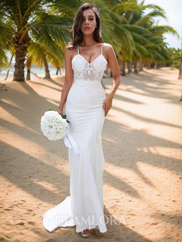 Sheath/Column V-Neck Sleeveless Sweep Train Va-va-voom Stretch Crepe Wedding Dresses