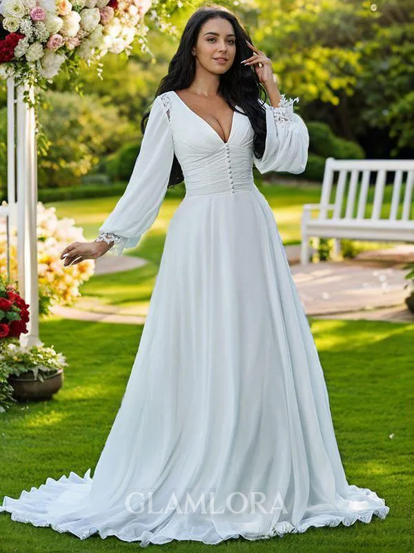 A-line V-Neck Long Sleeves Sweep Train Simple Chiffon Wedding Dresses