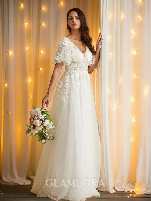 A-line V-Neck Flattering Short Sleeves Floor-Length Tulle Wedding Dresses