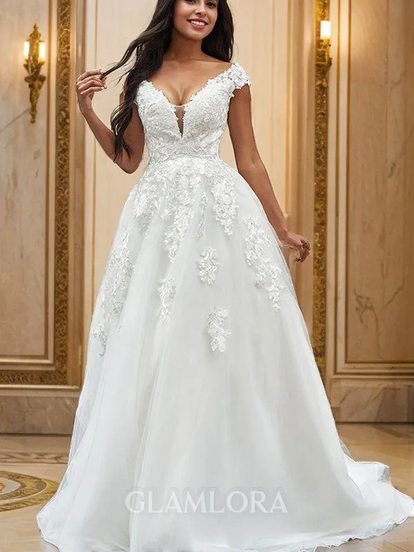 A-line V-Neck Sleeveless Sweep Train Glam Tulle Wedding Dresses