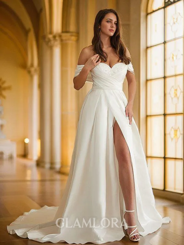 A-line Off-the-Shoulder Exquisite Sleeveless Chapel Train Satin Wedding Dresses