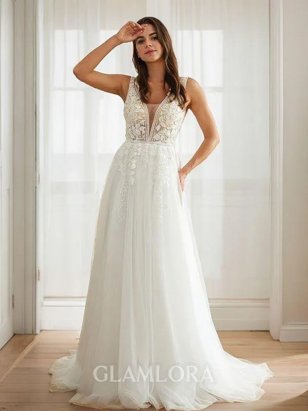 A-line V-Neck Beautiful Sleeveless Sweep Train Tulle Wedding Dresses