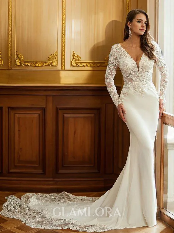 Sheath/Column V-Neck Graceful Long Sleeves Cathedral Train Stretch Crepe Wedding Dresses