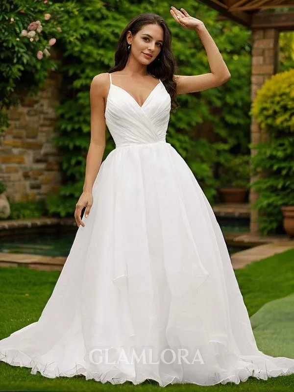 Ball Gown V-Neck Dreamy Sleeveless Court Train Wedding Dresses